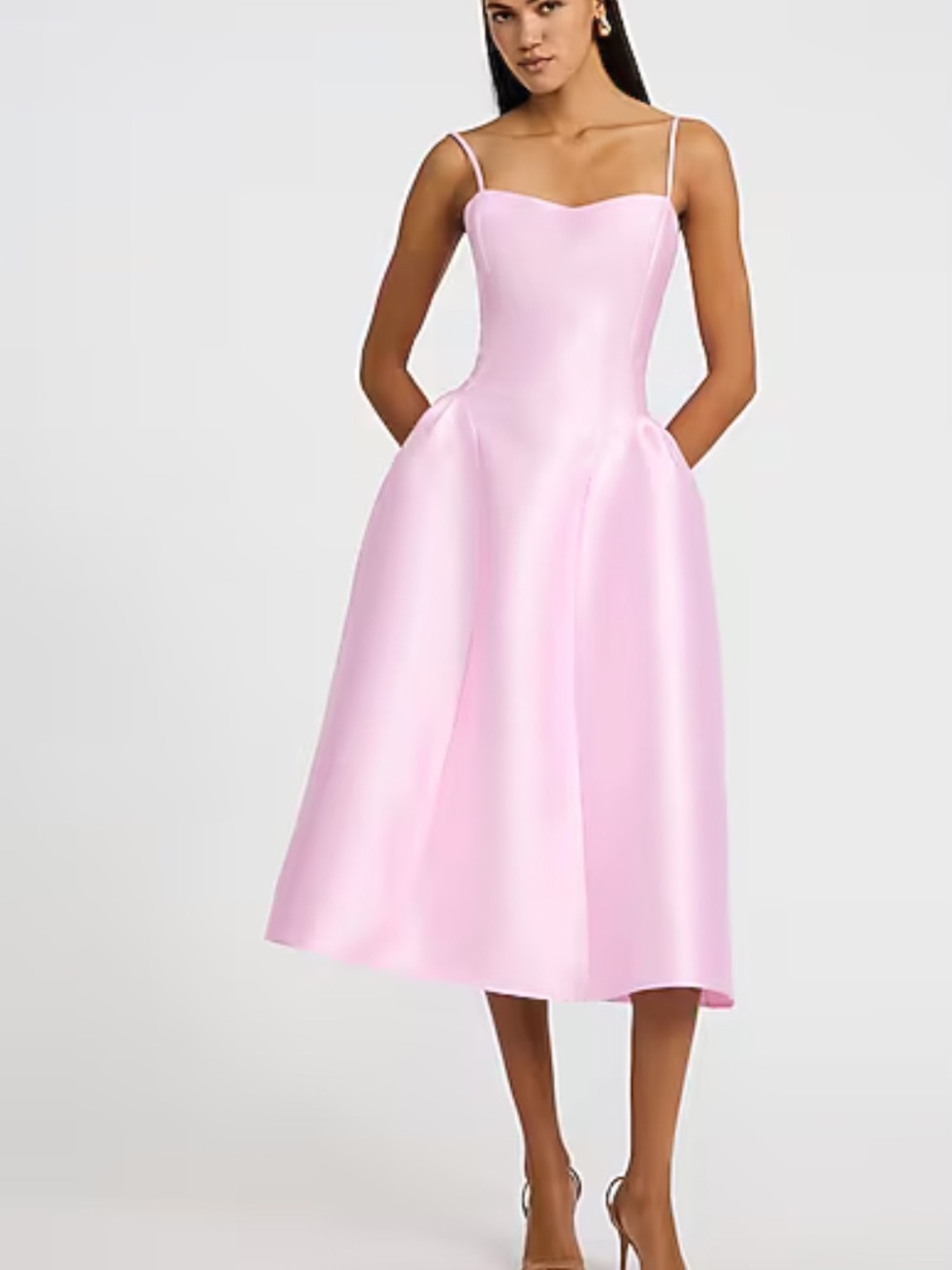 Express Satin Sweetheart Basque Waist Midi Fit and Flare Dress with Pockets 4